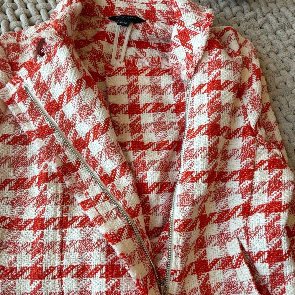 Ann Taylor | Houndstooth Tweed Fringe Full-Zip Blazer Deep Orange/White | MP - Picture 9 of 16